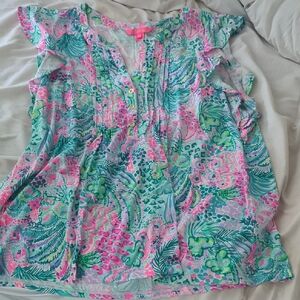 Lilly Pulitzer Pink and Green Ruffle Blouse